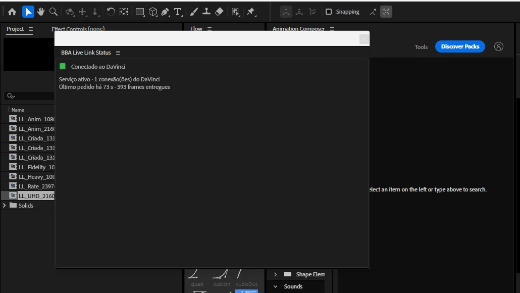 Painel BBA Live Link Status no After Effects