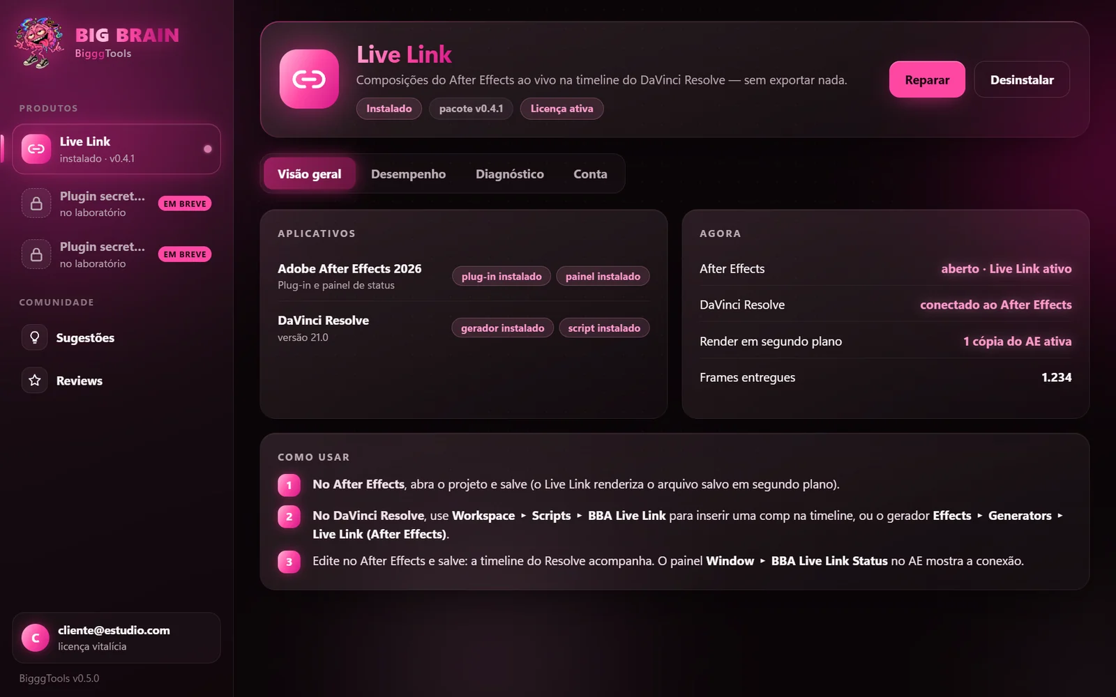 Tela inicial do BigggTools com o Live Link instalado